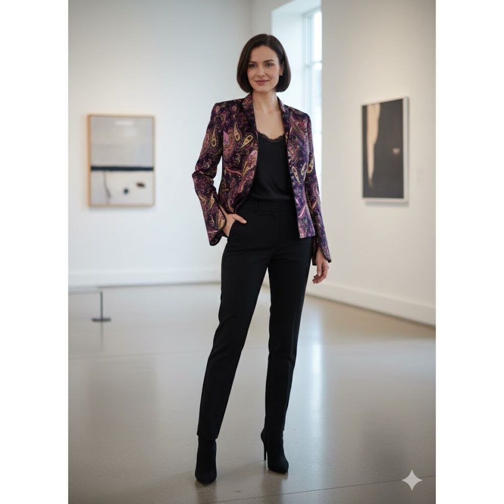 JS Collections Black w/Red Pink Pasley Rhinestone 100% Silk Button Jacket size 8